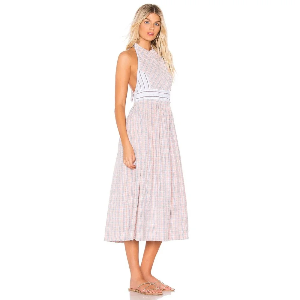 Free People Color Theory Midi Dress Pink Combo Size XS Plaid Backless Sleeveless